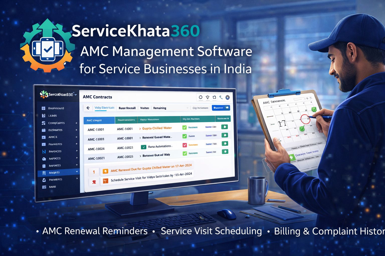 AMC Management Software dashboard showing AMC contracts, renewal reminders and service visits
