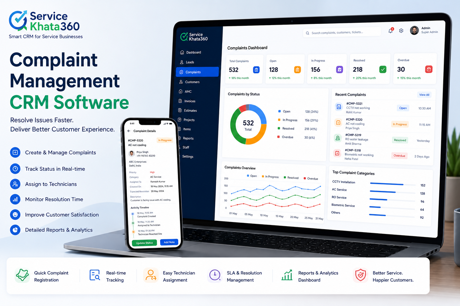 Complaint Management CRM software ticketing and technician tracking ServiceKhata360