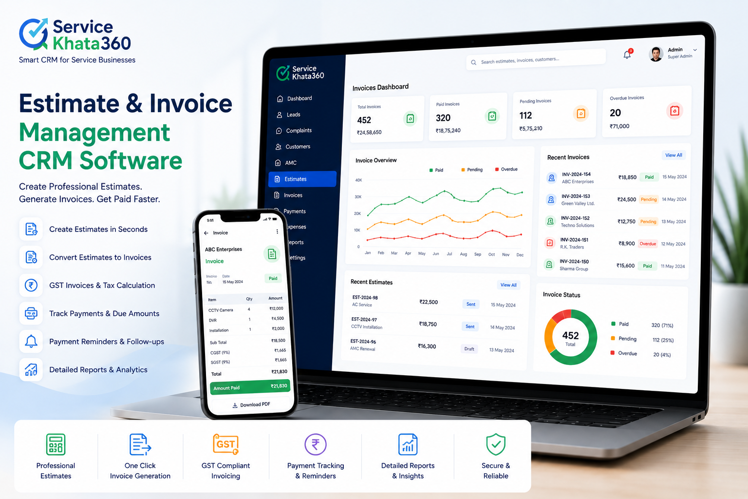 Estimate and Invoice Management CRM software billing and payments ServiceKhata360