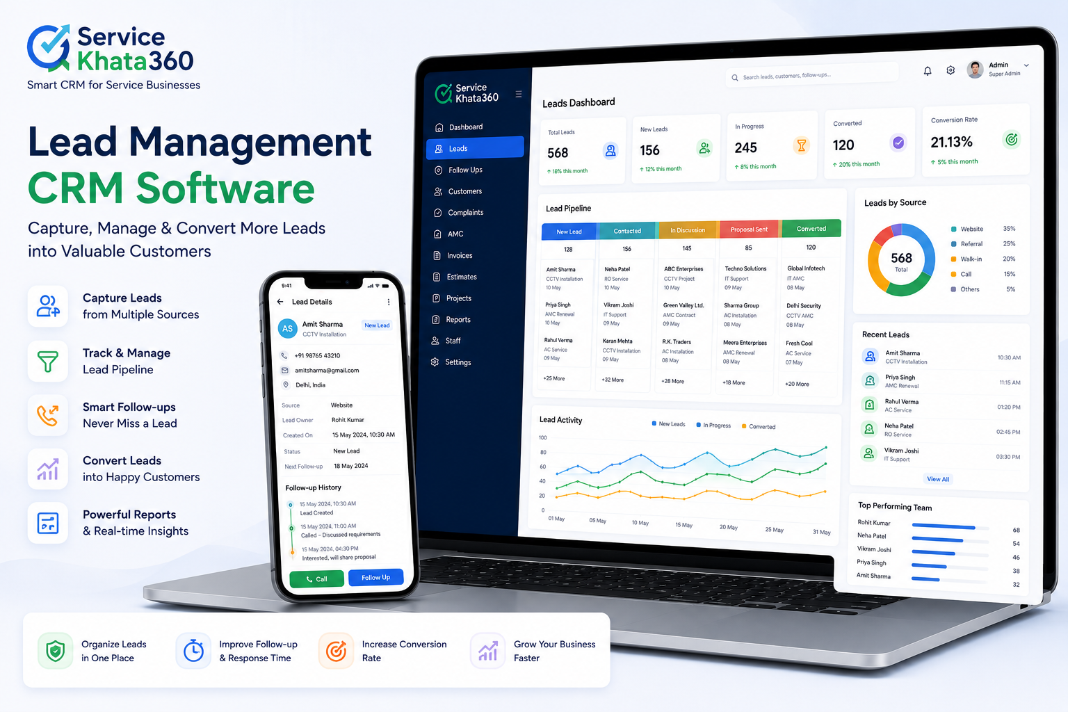 Lead Management CRM software pipeline tracking and reminders ServiceKhata360