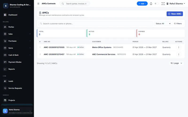 ServiceKhata360 AMC screen showing active annual maintenance contracts and renewal periods