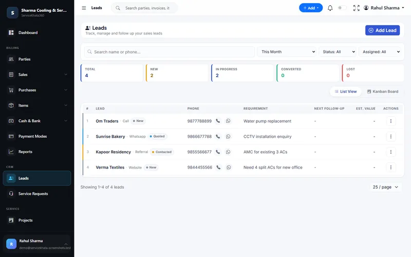 ServiceKhata360 CRM screen showing lead management with status and follow-ups