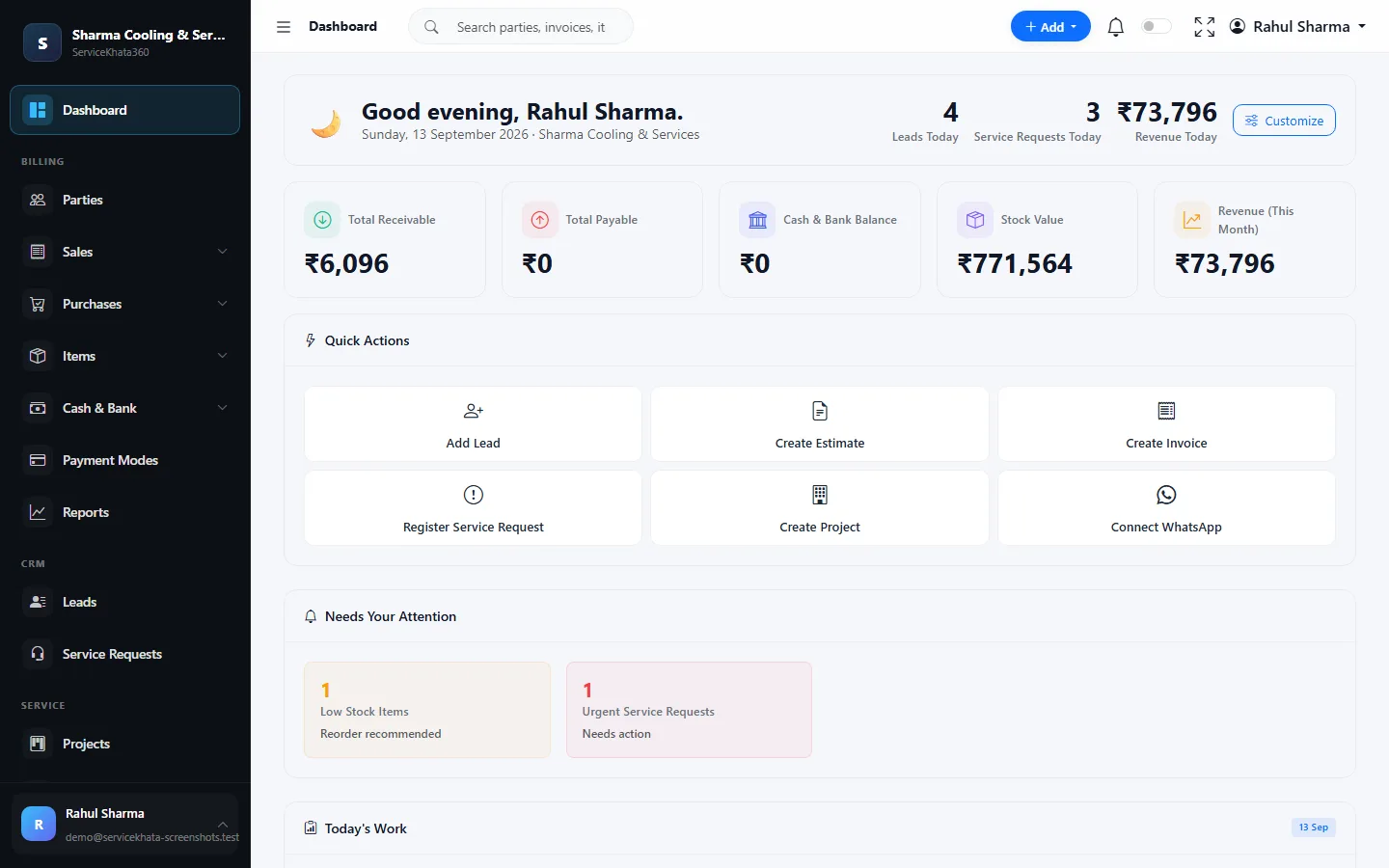 ServiceKhata360 business dashboard showing sales, inventory, customers and service activity