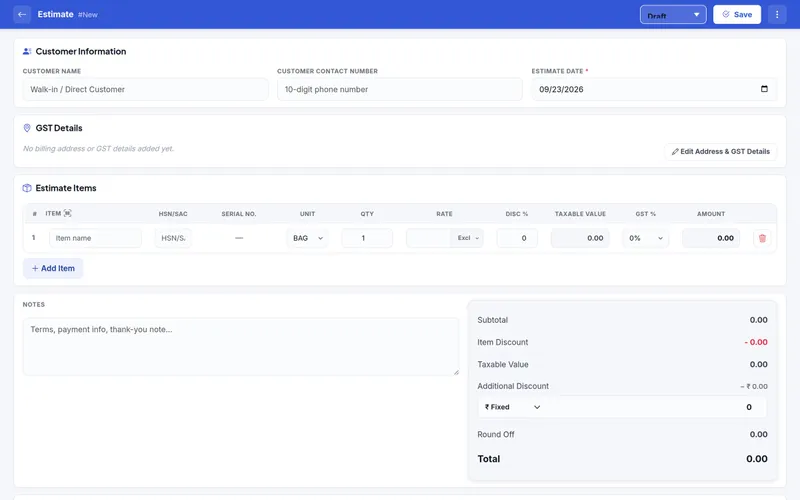 ServiceKhata360 estimate form with a serial number column on each item line