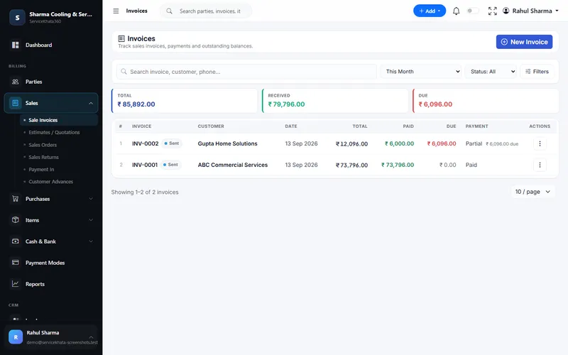 ServiceKhata360 invoice list with total, received and due amounts