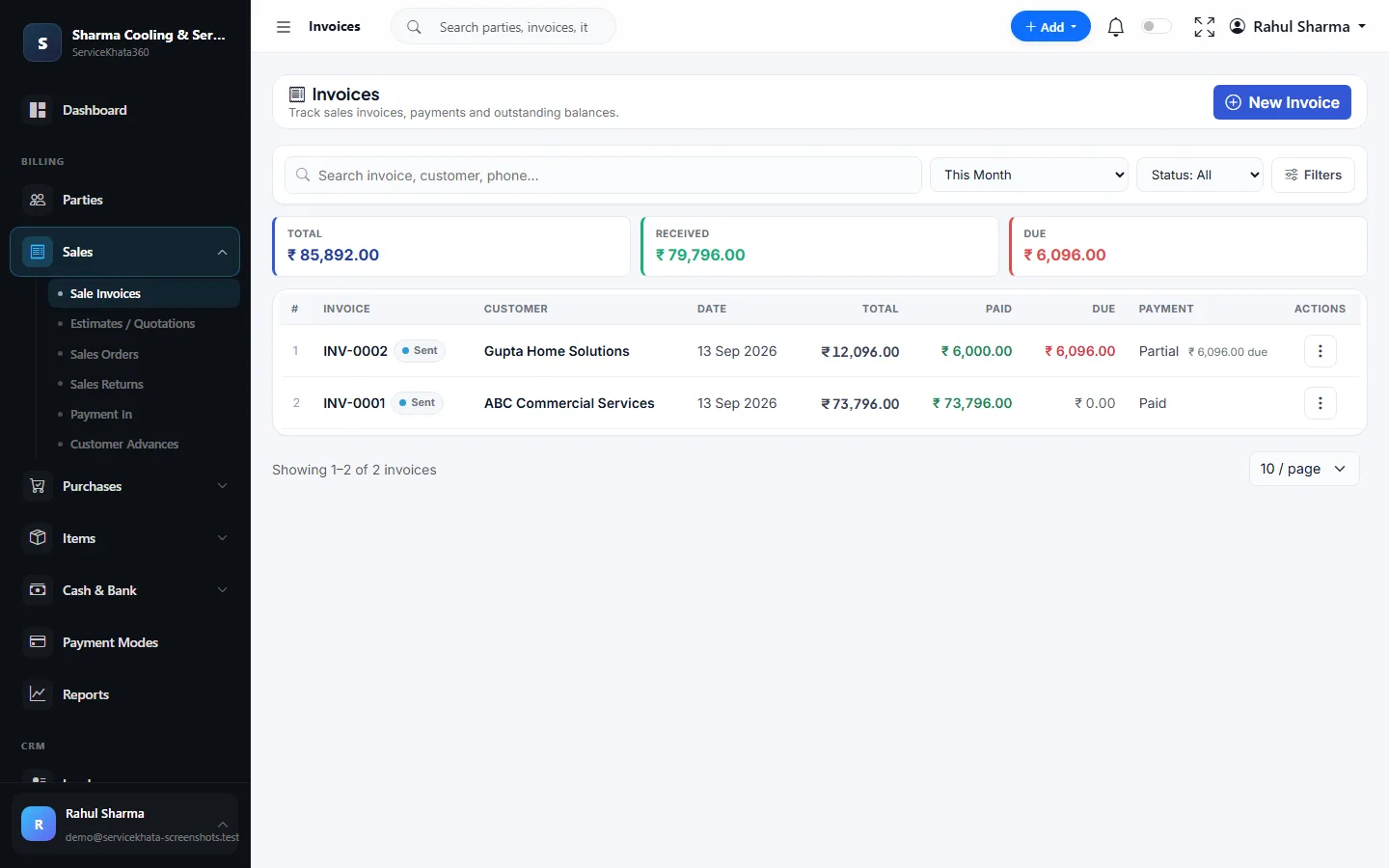 ServiceKhata360 GST billing screen showing invoices with paid, partial and due status