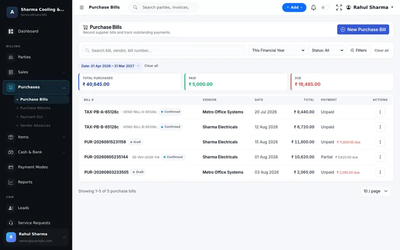 ServiceKhata360 purchase bills list with vendors, totals, payment status and amount due