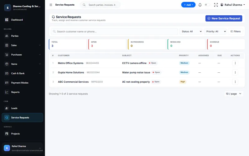 ServiceKhata360 service request screen showing complaint status and priority