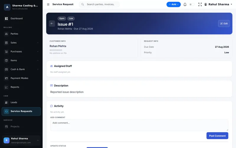 ServiceKhata360 service request detail with request info, assigned staff, description and activity comments